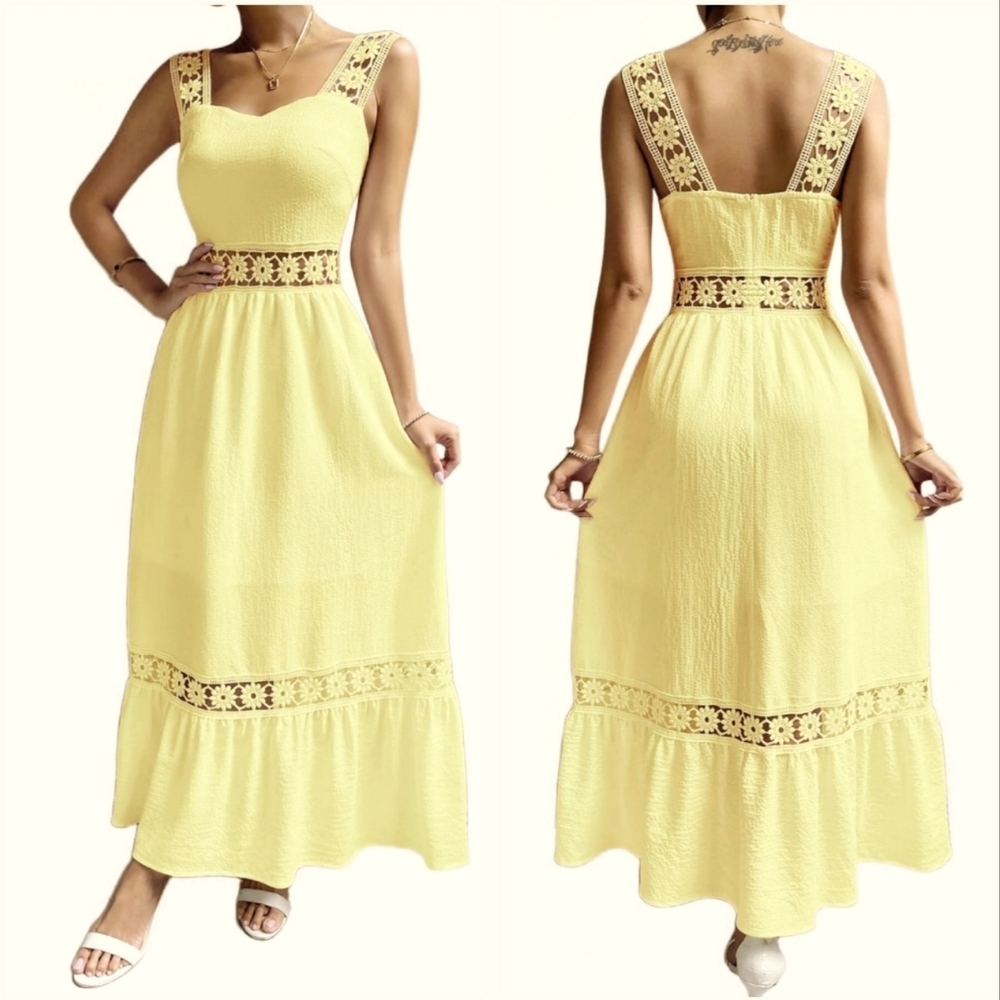 Loness Women's Guipure Lace Bohemian Ruffle Hem Summer Flounce Maxi Dress Sz S